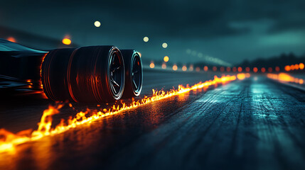 Aufkleber - Illuminated dark road with burning car tires on a race track, concept car racing