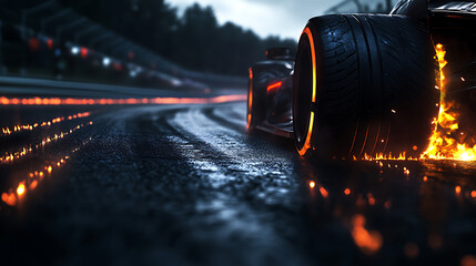 Aufkleber - Illuminated dark road with burning car tires on a race track, concept car racing