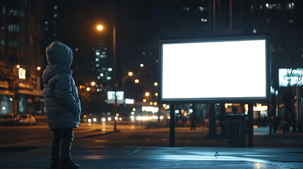 Aufkleber - Illuminated empty advertising billboard on a city sidewalk at night, perfect for mockups with ambient urban lights in the background