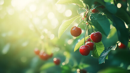 Poster - Red cherries hanging on the tree, green leaves in the background, sunny day, focus on the red cherry fruits, closeup view of fresh and juicy cherries