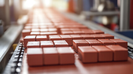 Poster - Red ceramic clay bricks on conveyor belt rollers or production line, automated industrial factory manufacture