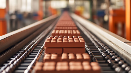 Poster - Red ceramic clay bricks on conveyor belt rollers or production line, automated industrial factory manufacture