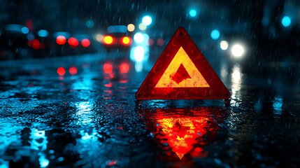 Poster - Red emergency triangle reflecting in the rain at night