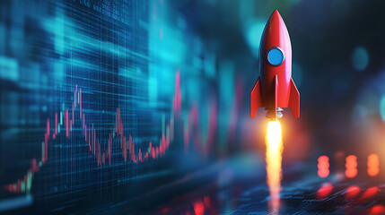 Poster - Red rocket launching over a blurred financial chart background, symbolizing business growth and startup success