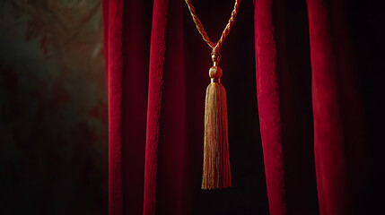 Fototapete - Red velvet theater curtains tied with golden tassels illuminated, against a dark background, concept of performance