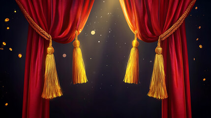 Fototapete - Red velvet theater curtains tied with golden tassels illuminated, against a dark background, concept of performance