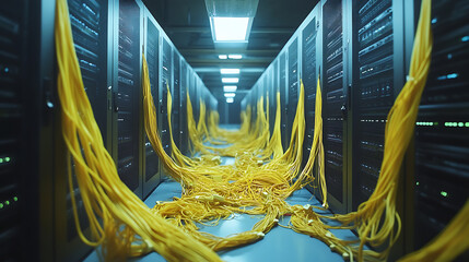 Poster - In the data center area, servers are haphazardly knotted together with yellow optic wires