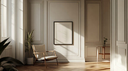Poster - Mockup of a black frame leaning against the wall on a parquet floor, with a minimalistic interior design, light grey walls, a white background, natural lighting