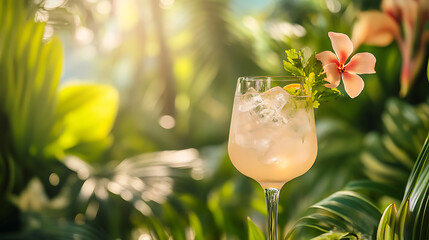 Poster - Refreshing spritz cocktail set against a lush backdrop of vibrant tropical flowers and greenery, capturing the essence of a luxury summer retreat