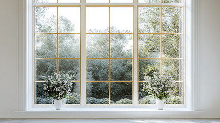 Poster - Mockup of an empty white frame with gold edges on the windowsill in front of a large window