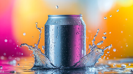 Fototapete - Mockup photo of an empty soda can with water splash motion effect on a colorful background, perfect for beverage and drink advertisement and product promotion