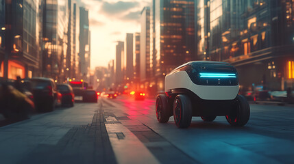 Aufkleber - Modern autonomous delivery robot transporting goods in the city, innovative logistics and delivery concept