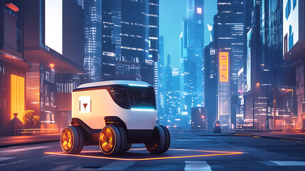 Poster - Modern autonomous delivery robot transporting goods in the city, innovative logistics and delivery concept