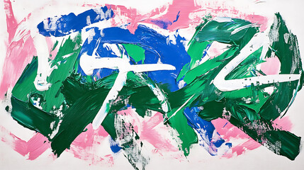 Poster - modern abstract painting using green, blue, pink and white acrylic paint, the artwork has a minimali