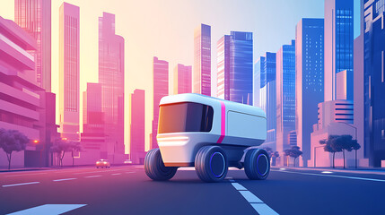 Poster - Modern autonomous delivery robot transporting goods in the city, innovative logistics and delivery concept