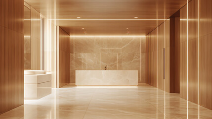 Leinwandbilder - Modern bathroom with marble fixtures, light brown wood paneling, and an empty white wall on the left, light background, mockup concept, 3d rendering