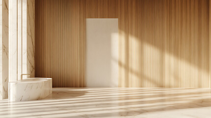 Leinwandbilder - modern bathroom with marble fixtures, light brown wood paneling, and an empty white wall on the left