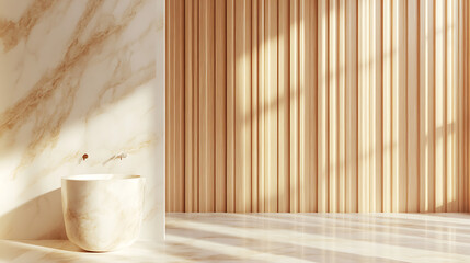 Poster - Modern bathroom with marble fixtures, light brown wood paneling, and an empty white wall on the left, light background, mockup concept, 3d rendering