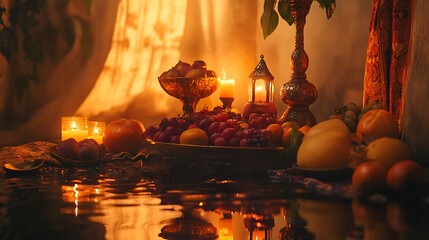 Poster - Ritual setup with fruits, lamps, and water reflection under a serene light