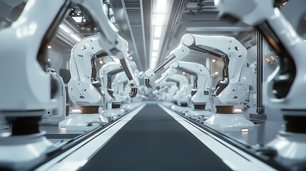 Leinwandbilder - Robotic arms working in a car manufacturing plant, the automated assembly line is equipped with advanced technology for efficient production of vehicles