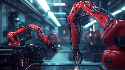 Poster - Robotic arms working in a car manufacturing plant, the automated assembly line is equipped with advanced technology for efficient production of vehicles