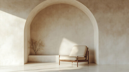 Poster - Interior background with stucco wall with arch and lounge chair, minimalist, japandi interior design of modern living room