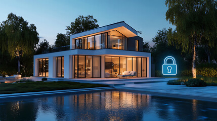 Fototapete - Modern house with a smart home security system is being protected, as shown by the padlock icon