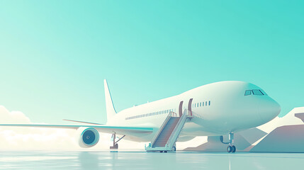 Poster - Isolated on a bright background with sky is a white passenger jet with boarding stairs