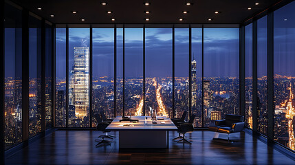 Aufkleber - Modern office interior with large windows and a night city view, real estate concept