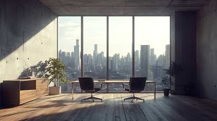Poster - Modern office space with large windows overlooking a cityscape, wooden floor, concrete walls, and two chairs facing a table