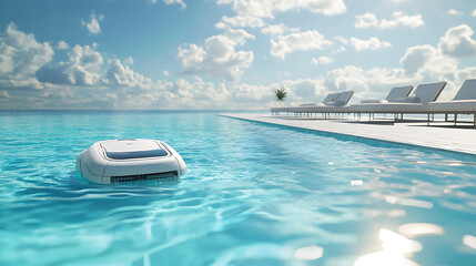 Poster - Modern robotic pool cleaner navigates the clear waters of a luxurious outdoor swimming pool, ensuring hygiene and cleanliness under a bright, sunlit sky with lounge chairs in the background