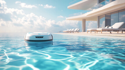 Poster - Modern robotic pool cleaner navigates the clear waters of a luxurious outdoor swimming pool, ensuring hygiene and cleanliness under a bright, sunlit sky with lounge chairs in the background