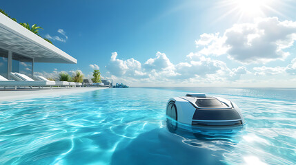 Poster - Modern robotic pool cleaner navigates the clear waters of a luxurious outdoor swimming pool, ensuring hygiene and cleanliness under a bright, sunlit sky with lounge chairs in the background
