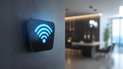 Poster - Modern smart home device is mounted on a wall, emitting a blue wifi symbol, indicating a strong and reliable internet connection
