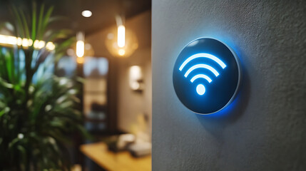 Fototapete - Modern smart home device is mounted on a wall, emitting a blue wifi symbol, indicating a strong and reliable internet connection