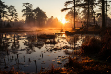 Wall Mural - sunrise over the swamp paints the sky in soft hues of pink and gold, reflecting off the still river below. Mist rises from the water, creating an ethereal fog that wraps the landscape in a quiet, myst