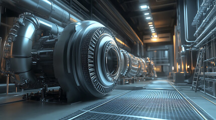 Poster - Factory installed industrial gas turbine engine, high-tech engineering equipment used for power generation and mechanical applications