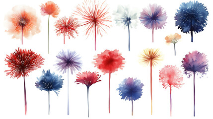 Aufkleber - Fireworks in various colors and shape, united states independence day, watercolor illustration, perfect for nursery art, simple clipart, single object, white color background