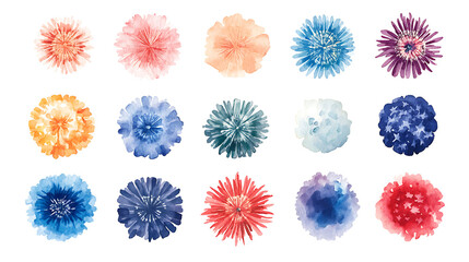 Aufkleber - Fireworks in various colors and shape, united states independence day, watercolor illustration, perfect for nursery art, simple clipart, single object, white color background