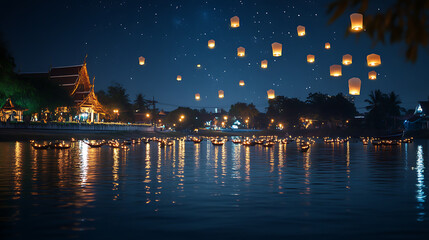 Wall Mural - Floating lanterns on a river at night, creating a magical and spiritual atmosphere during loy krathong festival