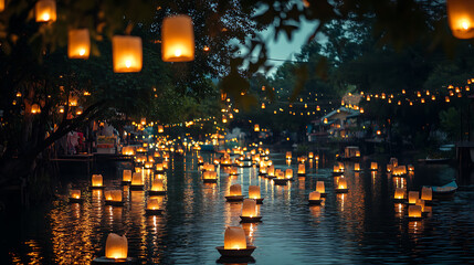 Wall Mural - Floating lanterns on a river at night, creating a magical and spiritual atmosphere during loy krathong festival