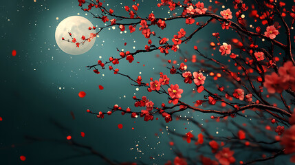 Poster - Flower with moon background, chinese lunar new year background