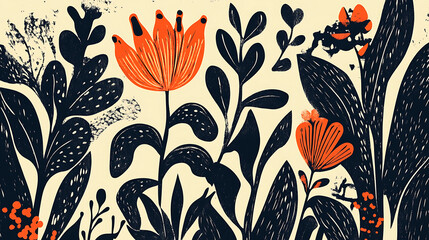Poster - Flowers and leaves set, botanical linocut plant and organic elements