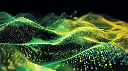 Poster - Flowing stream of binary code in green and yellow hues, representing data transfer and technology