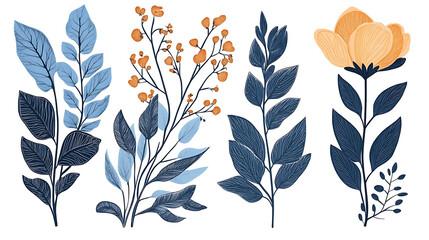 Poster - Flowers and leaves set, botanical linocut plant and organic elements