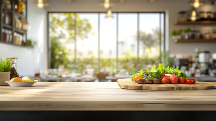 Poster - Kitchen background top counter interior wood blur home wooden empty room light white, top kitchen product background desk modern window food display design texture tabletop restaurant board wall space