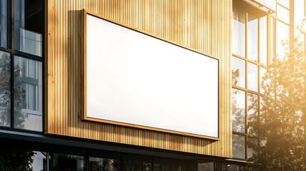 Poster - Framed blank billboard on modern wooden and glass building facade, sunny exterior, concept of ad display