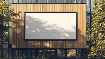 Aufkleber - Framed blank billboard on modern wooden and glass building facade, sunny exterior, concept of ad display