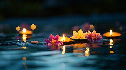 Aufkleber - Krathong decorated with flowers and burning candles floating on a water surface at night
