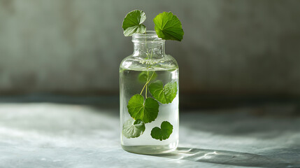 Poster - Fresh centella asiatica leaves are being infused in water inside a transparent glass bottle for preparing natural korean cosmetic products
